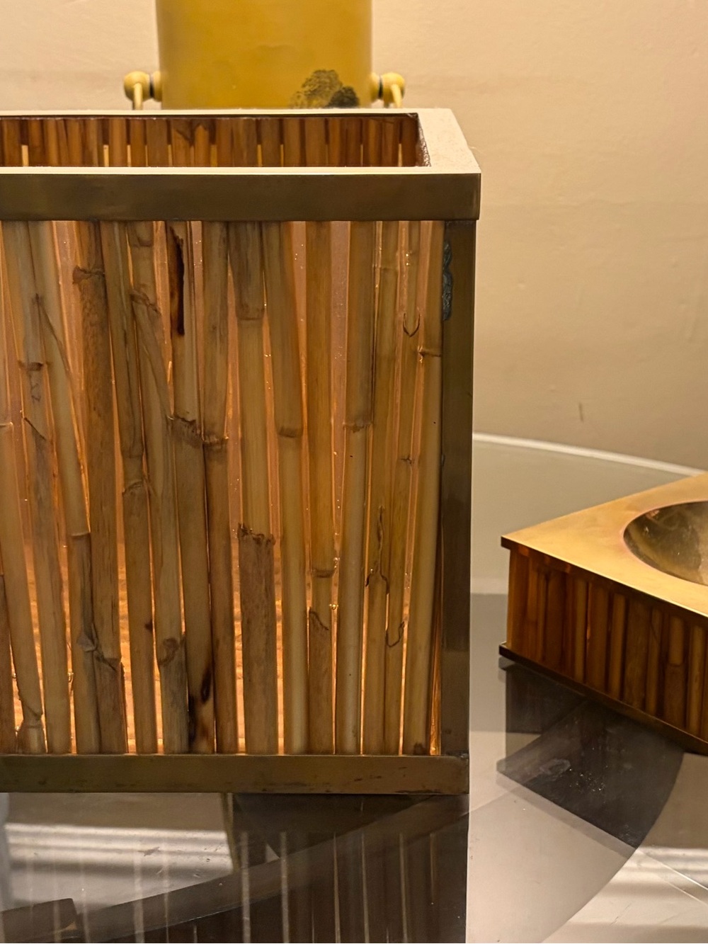 Vintage mid-century brass and bamboo tissue box/.